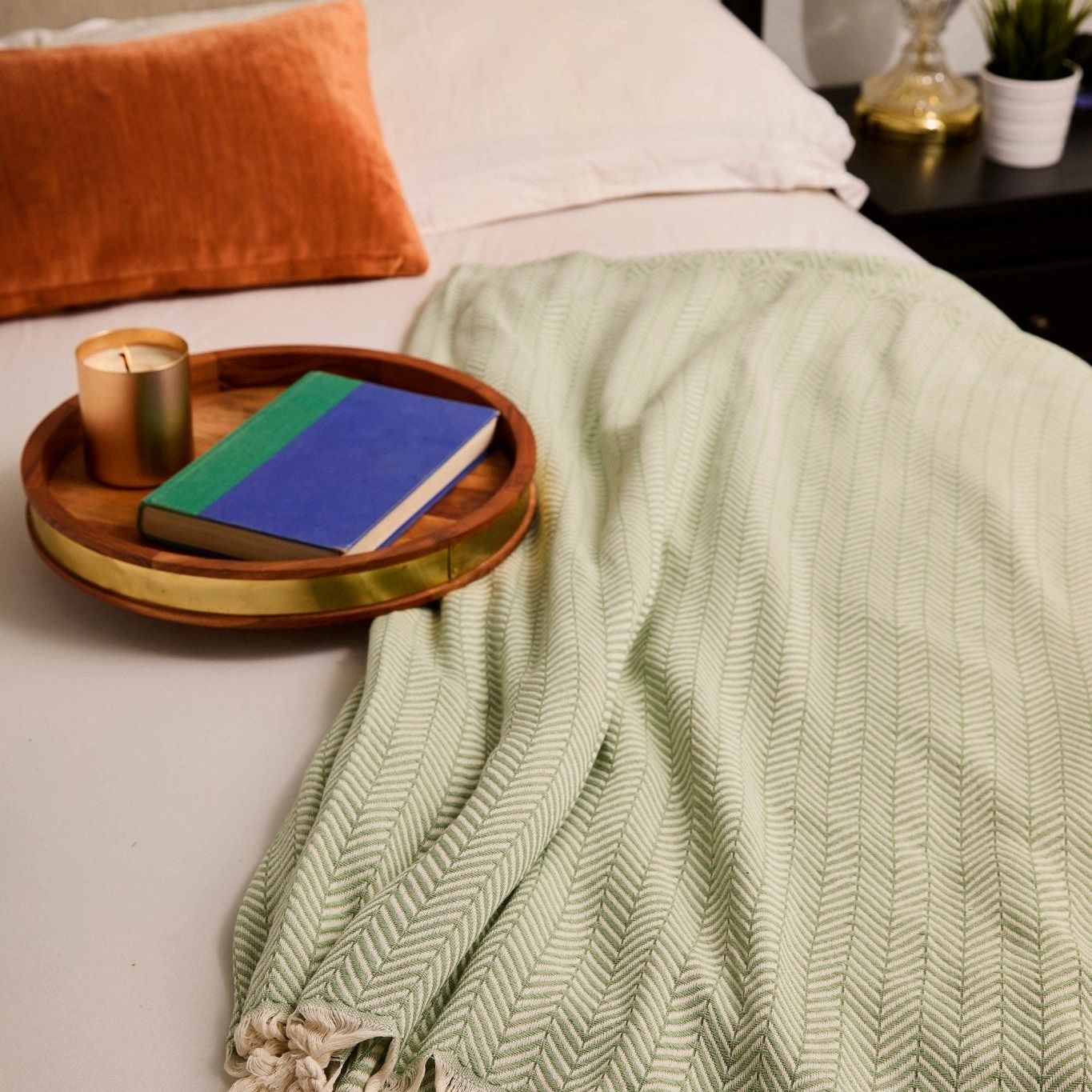 Herringbone Oversized Cotton Throw Blanket - Palmetto Green at Vervain Threads