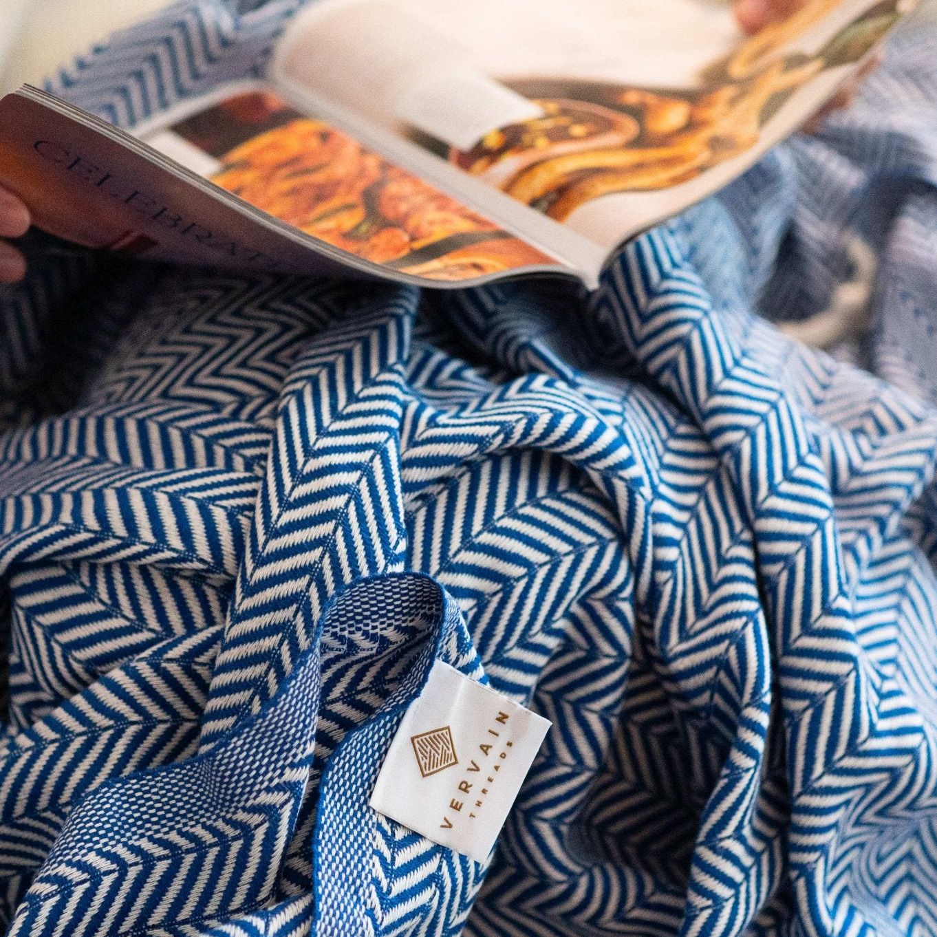 Herringbone Oversized Cotton Throw Blanket - Ocean Blue at Vervain Threads