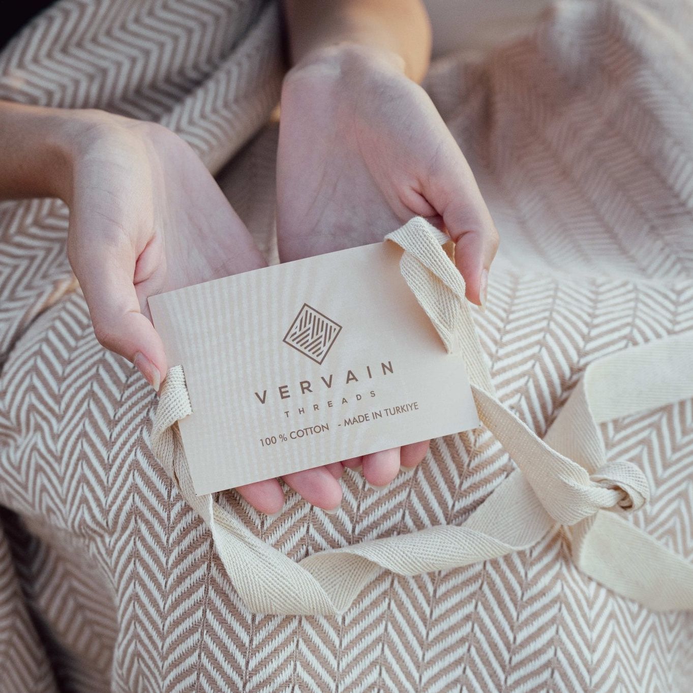 Herringbone Oversized Cotton Throw Blanket - Desert Stone at Vervain Threads