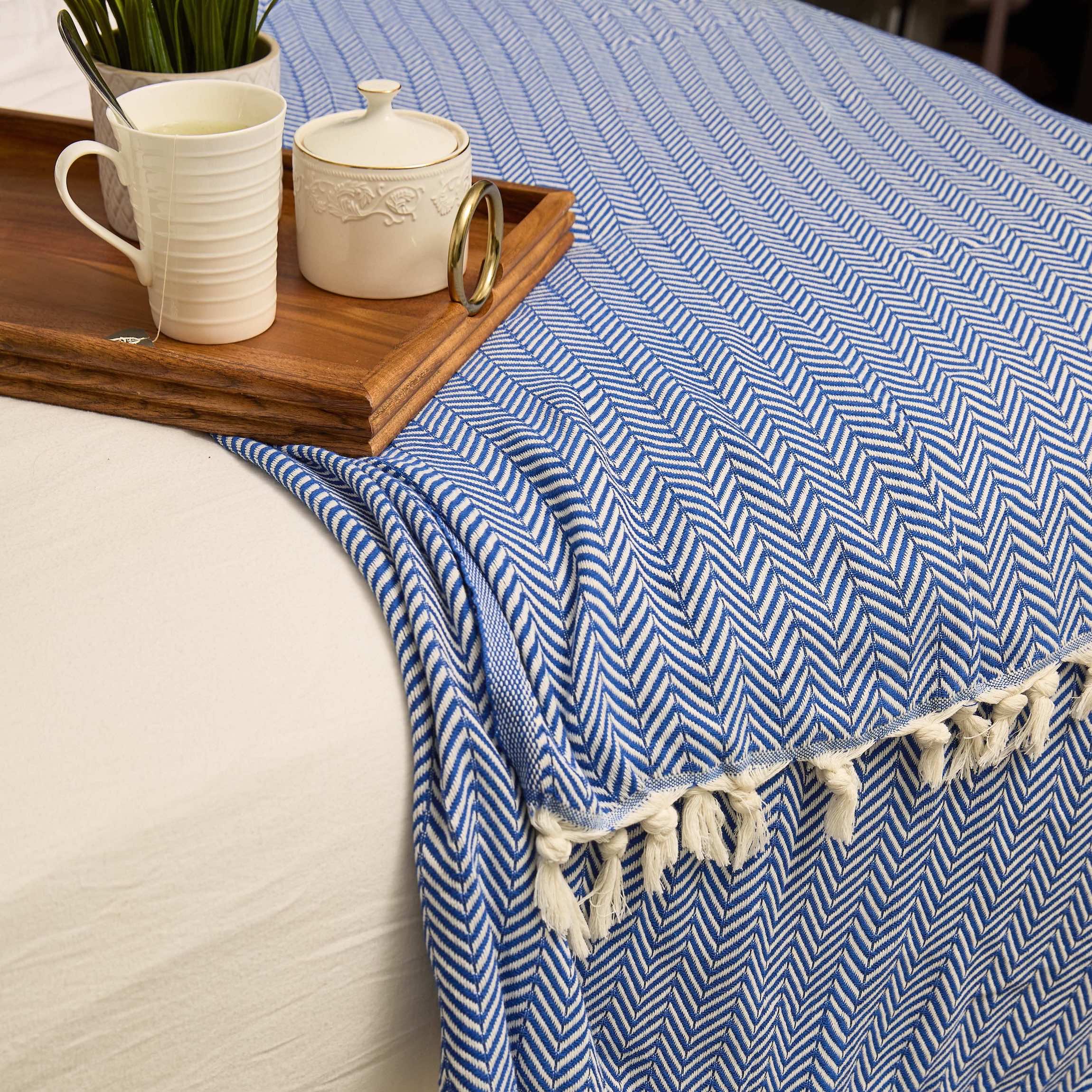Luxury Cotton Throw Blanket – Herringbone Pattern, Ocean Blue
