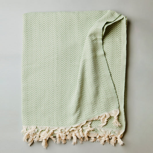 Herringbone Oversized Cotton Throw Blanket - Palmetto Green at Vervain Threads